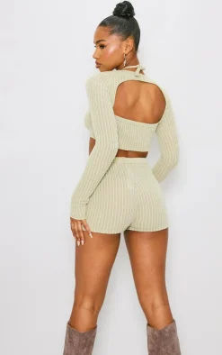 Best PrettyLittleThing Textured Rib Halterneck Keyhole Crop Top With Shrug Sage Khaki