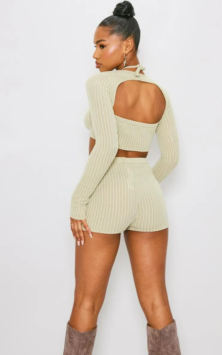 Best PrettyLittleThing Textured Rib Halterneck Keyhole Crop Top With Shrug Sage Khaki