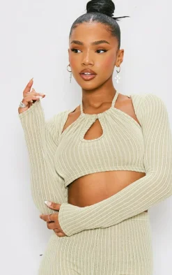 Best PrettyLittleThing Textured Rib Halterneck Keyhole Crop Top With Shrug Sage Khaki