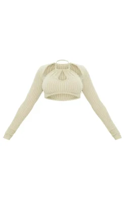 Best PrettyLittleThing Textured Rib Halterneck Keyhole Crop Top With Shrug Sage Khaki