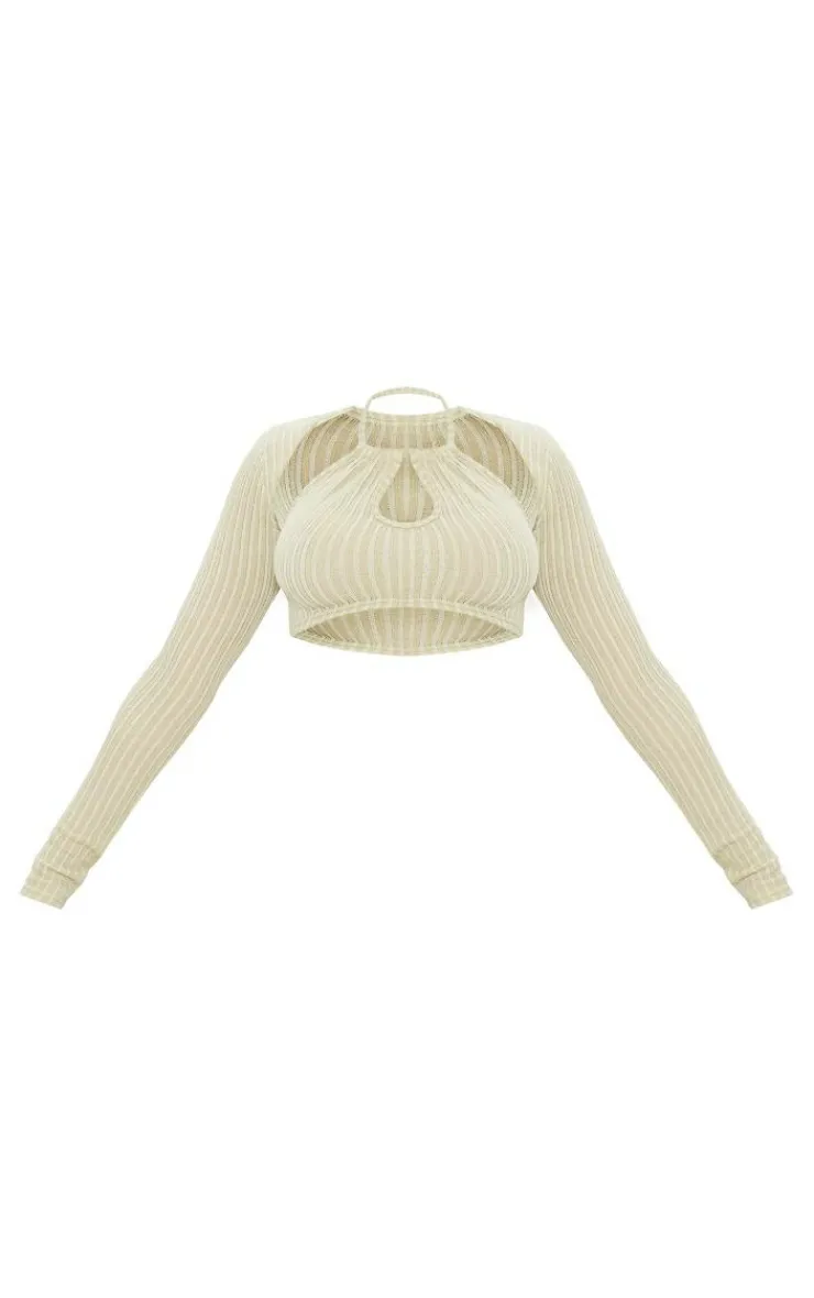 Best PrettyLittleThing Textured Rib Halterneck Keyhole Crop Top With Shrug Sage Khaki