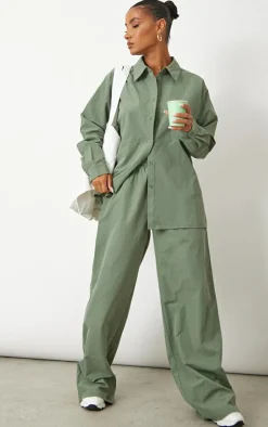 Online PrettyLittleThing Woven Oversized Wide Leg Pants Sage Khaki