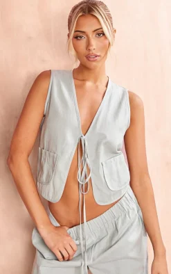 Discount PrettyLittleThing Linen Look Tie Front Vest Sage
