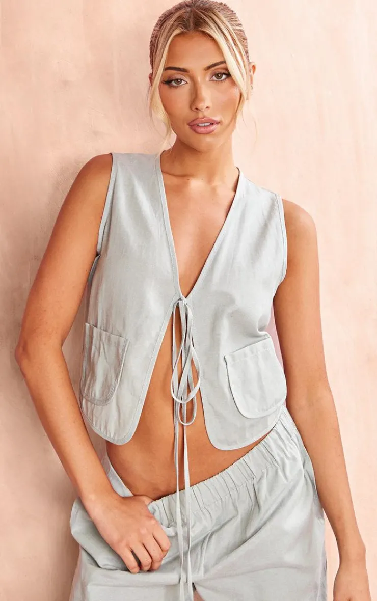 Discount PrettyLittleThing Linen Look Tie Front Vest Sage