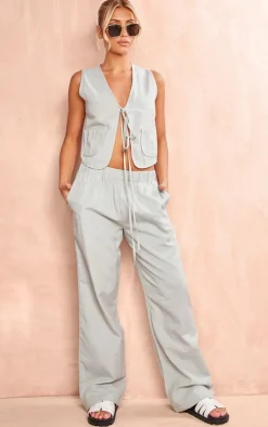 Discount PrettyLittleThing Linen Look Tie Front Vest Sage