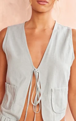 Discount PrettyLittleThing Linen Look Tie Front Vest Sage