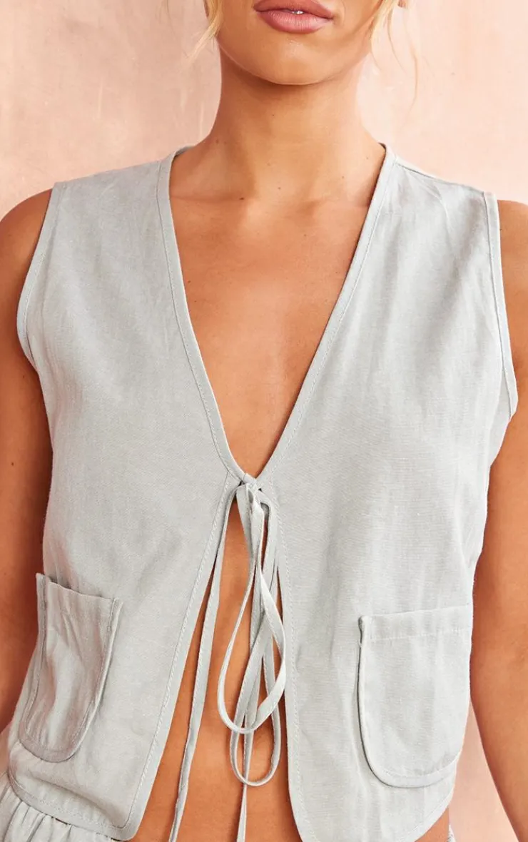 Discount PrettyLittleThing Linen Look Tie Front Vest Sage