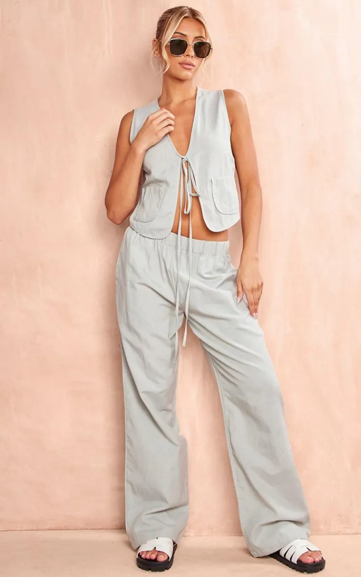 Online PrettyLittleThing Linen Look Wide Leg Pants Sage