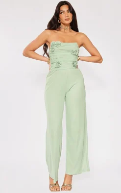 Mesh Overlay Bandeau Rose Applique Jumpsuit-PrettyLittleThing Outlet