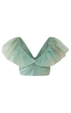 Sage Organza Extreme Plunge Ruched Crop Top