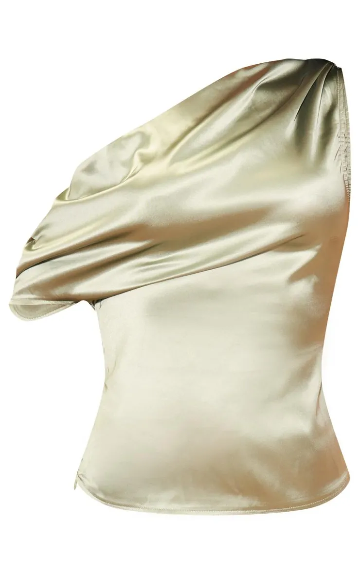Discount PrettyLittleThing Satin Asymmetric One Shoulder Long Top Sage
