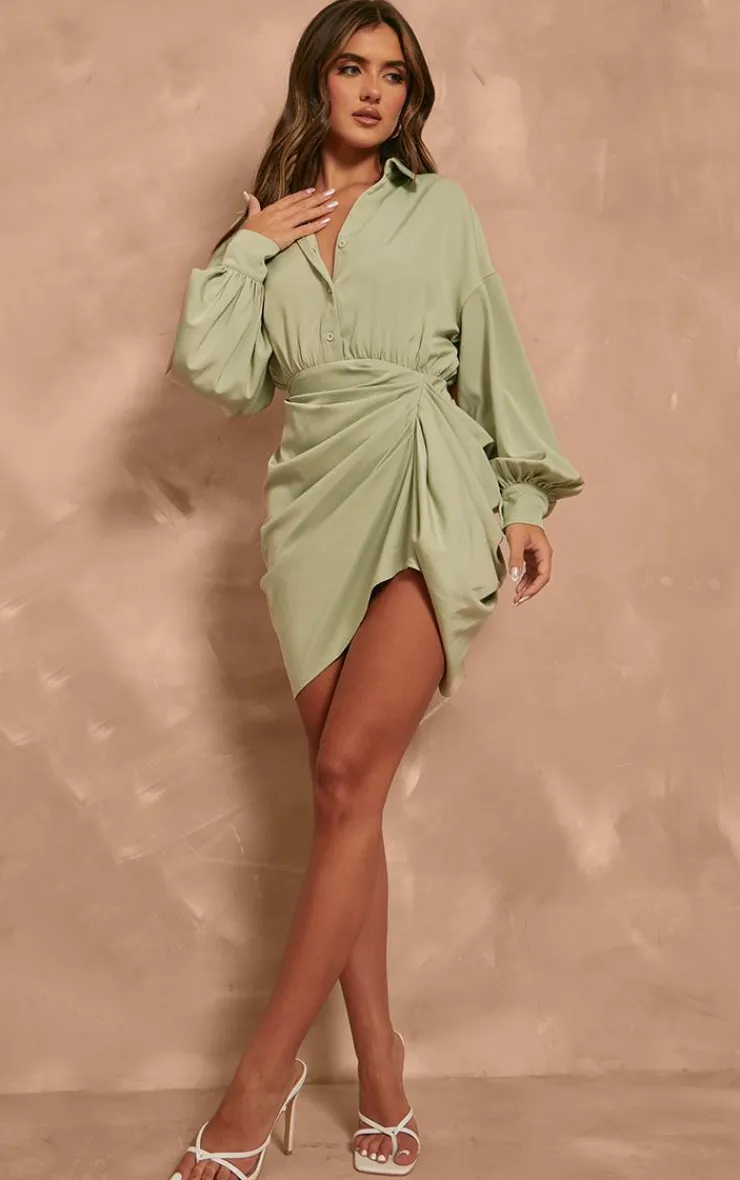 Satin Drape Skirt Oversized Sleeve Shirt Dress-PrettyLittleThing Online