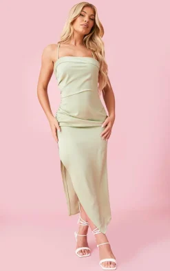Satin Fold Over Detail Ruched Strappy Midi Dress-PrettyLittleThing Best