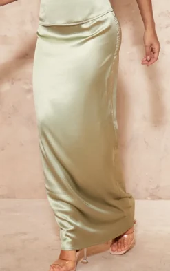 Hot PrettyLittleThing Satin Maxi Skirt Sage