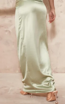 Hot PrettyLittleThing Satin Maxi Skirt Sage