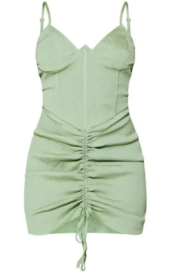 Sage Textured Boning Detail Underwired Ruched Bodycon Dress-PrettyLittleThing Discount