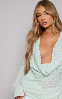 PrettyLittleThing Shirts*Textured Woven Plunge Split Sleeve Shirt