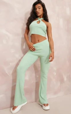 New PrettyLittleThing Wide Rib Soft Knit Split Hem Leggings Sage