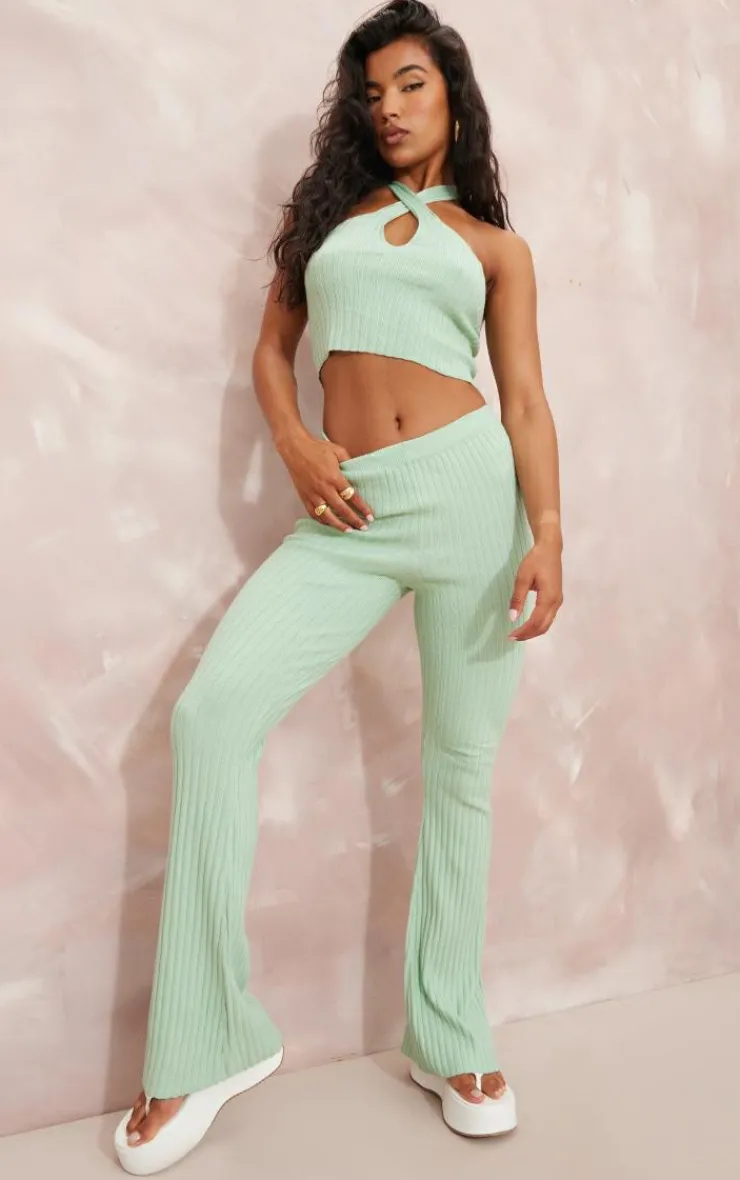 New PrettyLittleThing Wide Rib Soft Knit Split Hem Leggings Sage