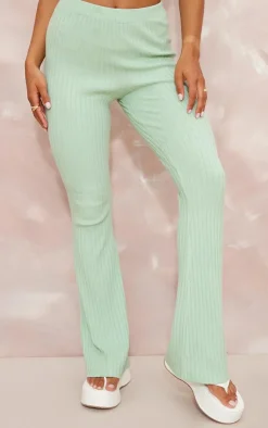 New PrettyLittleThing Wide Rib Soft Knit Split Hem Leggings Sage
