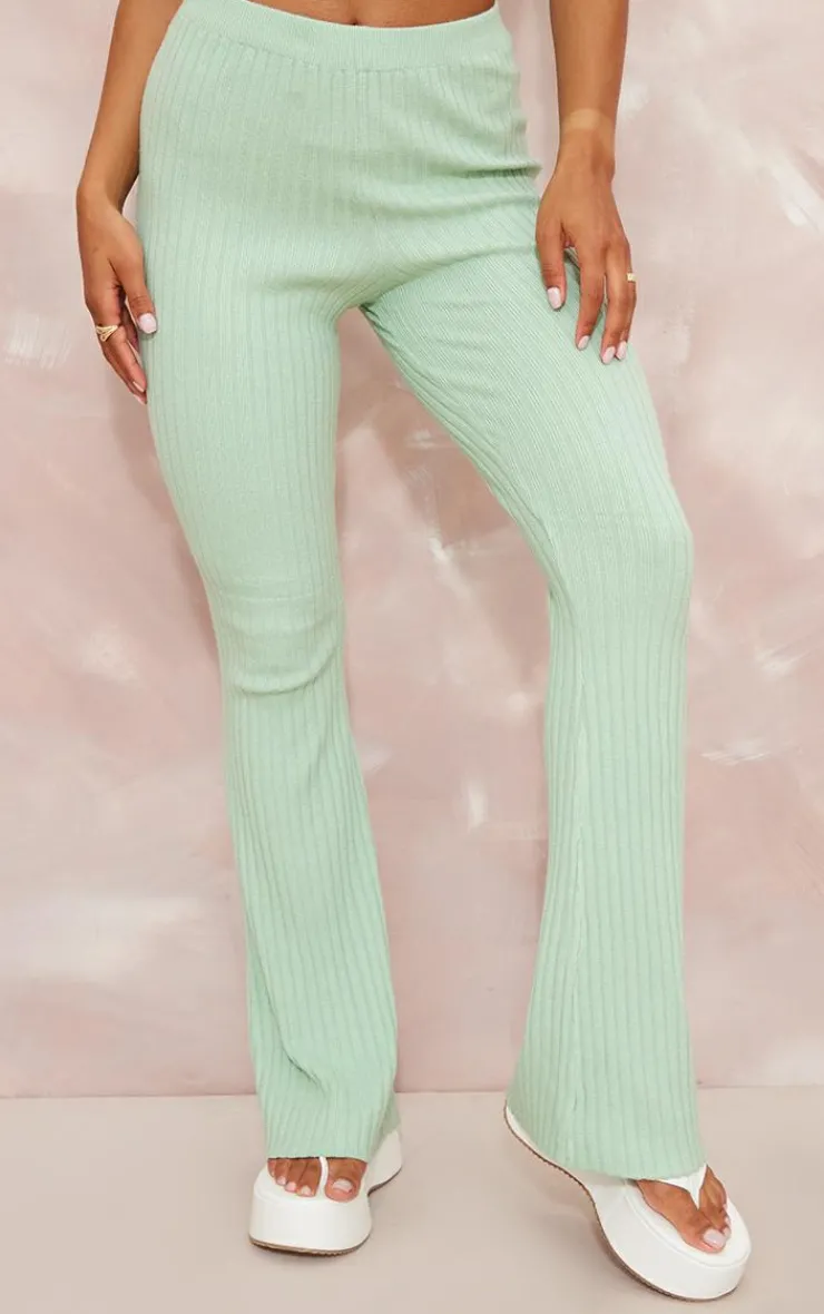 New PrettyLittleThing Wide Rib Soft Knit Split Hem Leggings Sage