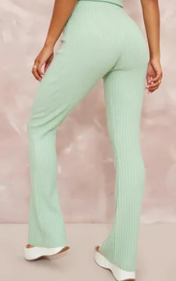 New PrettyLittleThing Wide Rib Soft Knit Split Hem Leggings Sage