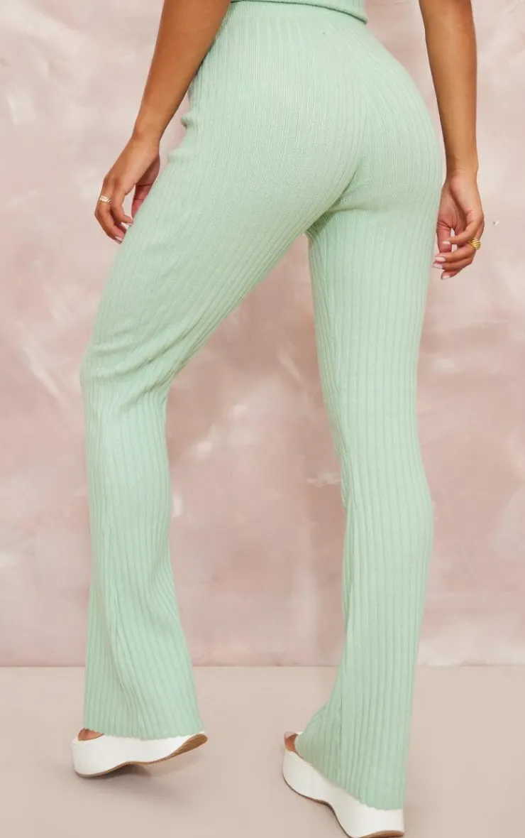 New PrettyLittleThing Wide Rib Soft Knit Split Hem Leggings Sage
