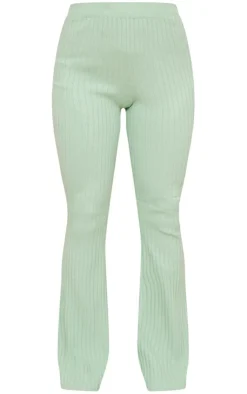 New PrettyLittleThing Wide Rib Soft Knit Split Hem Leggings Sage
