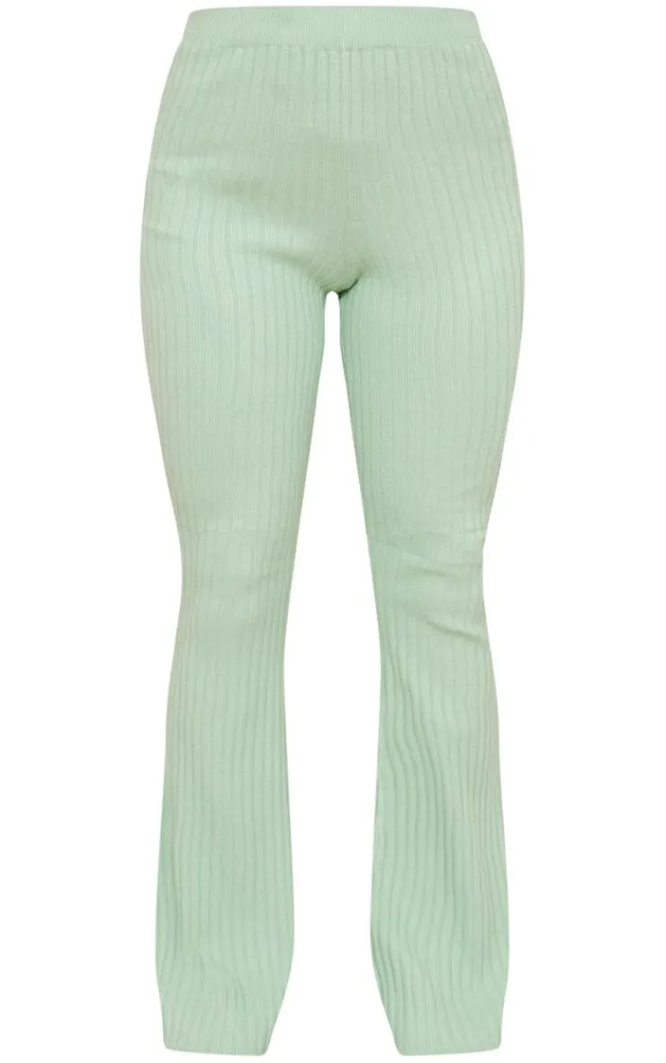 New PrettyLittleThing Wide Rib Soft Knit Split Hem Leggings Sage