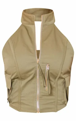 Discount PrettyLittleThing Woven Cargo High Neck Fitted Top Sage