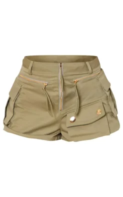 Online PrettyLittleThing Woven Cargo Zip Front Hot Pants Sage