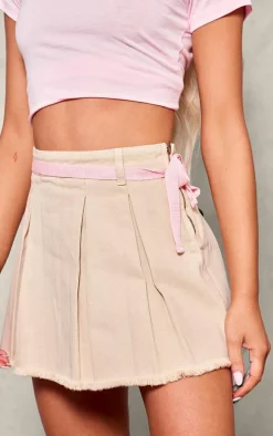 Sand Bow Tie Belt Pleated Denim Mini Skirt
