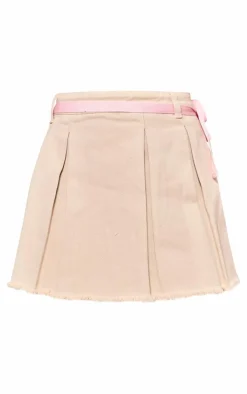 Sand Bow Tie Belt Pleated Denim Mini Skirt