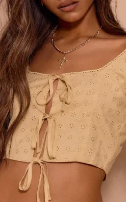 Clearance PrettyLittleThing Broderie Tie Through Puff Sleeve Crop Top Sand