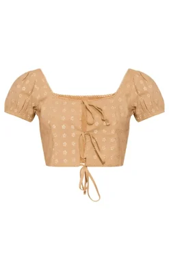Clearance PrettyLittleThing Broderie Tie Through Puff Sleeve Crop Top Sand