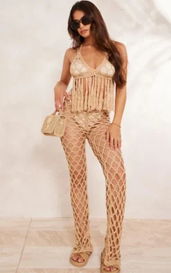 Best PrettyLittleThing Crochet Netted Tassel Belt Pants Sand