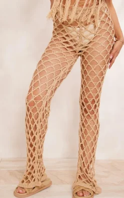 Best PrettyLittleThing Crochet Netted Tassel Belt Pants Sand
