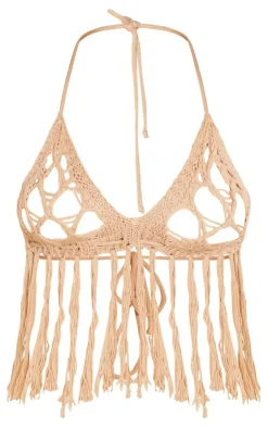 Best PrettyLittleThing Crochet Netted Tassel Bralet Sand