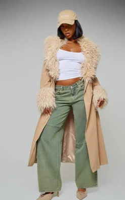 PrettyLittleThing Christmas Shop*Faux Fur Contrast Collar Self Tie Maxi Coat