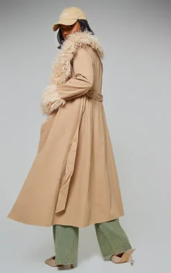 PrettyLittleThing Christmas Shop*Faux Fur Contrast Collar Self Tie Maxi Coat