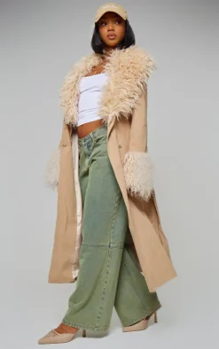 PrettyLittleThing Christmas Shop*Faux Fur Contrast Collar Self Tie Maxi Coat