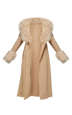 PrettyLittleThing Christmas Shop*Faux Fur Contrast Collar Self Tie Maxi Coat
