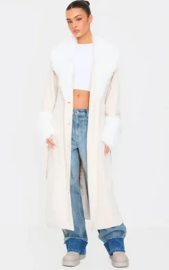 PrettyLittleThing Faux Fur Coats*Faux Fur Trim Contrast Faux Suede Coat