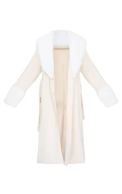 PrettyLittleThing Faux Fur Coats*Faux Fur Trim Contrast Faux Suede Coat