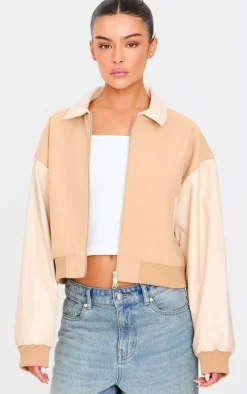 PrettyLittleThing Wool Coats*Faux Leather Contrast Wool Look Bomber Jacket