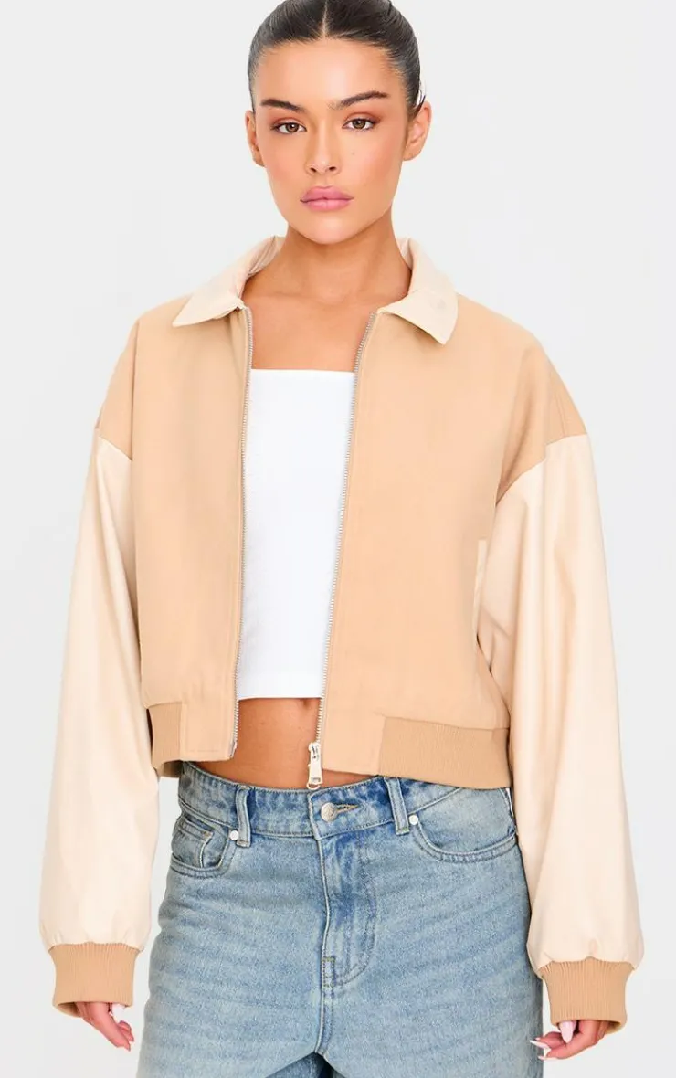 PrettyLittleThing Wool Coats*Faux Leather Contrast Wool Look Bomber Jacket