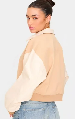 PrettyLittleThing Wool Coats*Faux Leather Contrast Wool Look Bomber Jacket