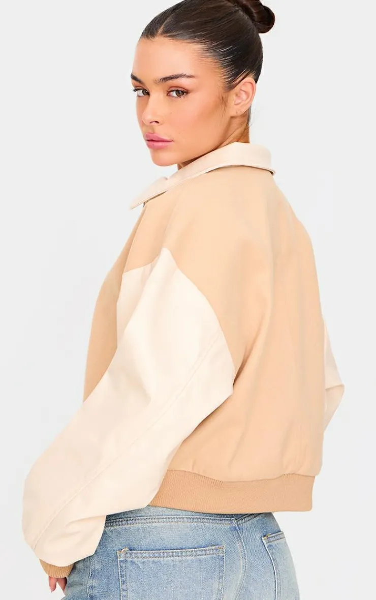 PrettyLittleThing Wool Coats*Faux Leather Contrast Wool Look Bomber Jacket