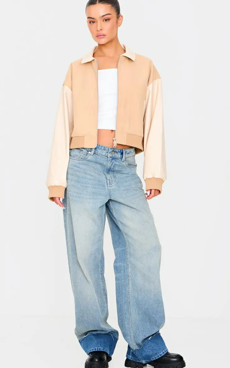 PrettyLittleThing Wool Coats*Faux Leather Contrast Wool Look Bomber Jacket
