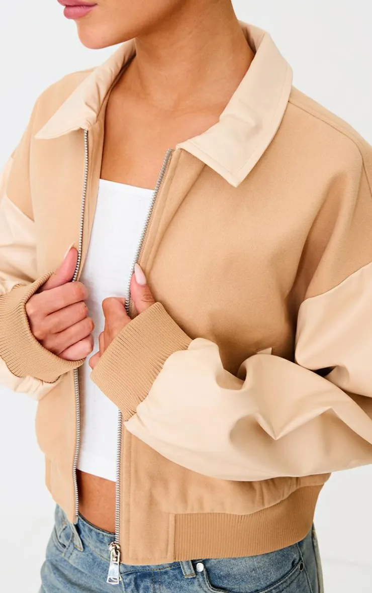 PrettyLittleThing Wool Coats*Faux Leather Contrast Wool Look Bomber Jacket